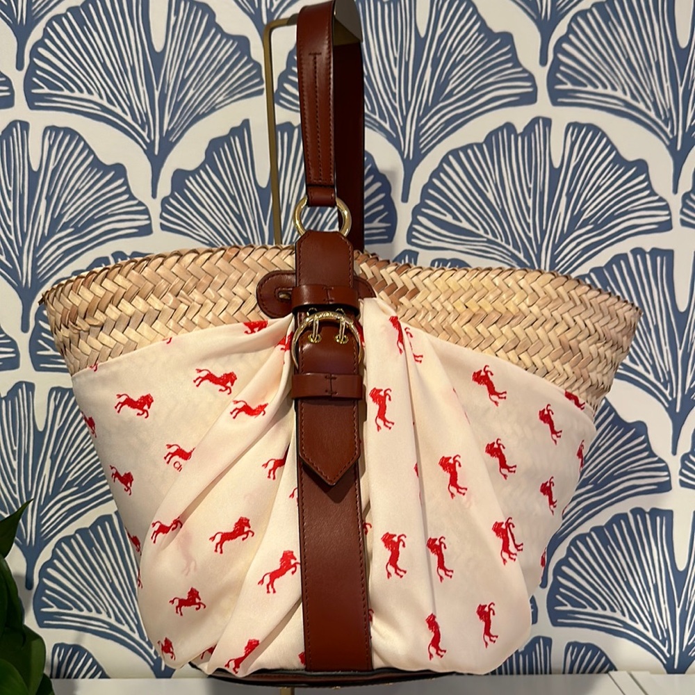 🐎Horse-print Chloe Panier Shoulder bag & pouch, Cream/Red w/ leather straps ❤️